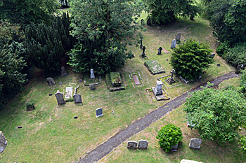 The churchyard seen from the church tower July 2015